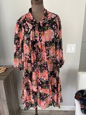 By Timo Floral Tie-Neck Swing Dress in Black and Pink XL